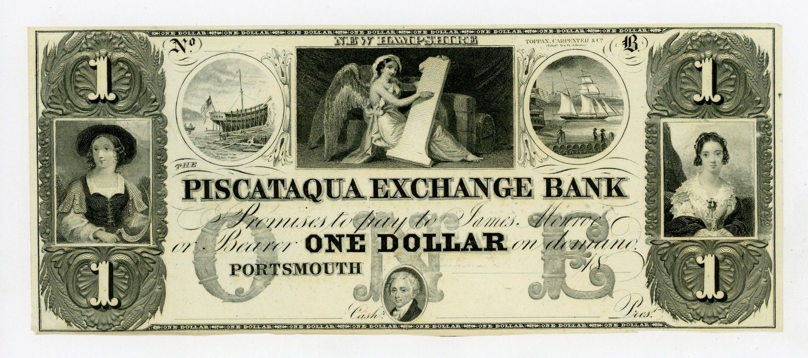 1800's $1 The Piscataqua Exchange Bank - Portsmouth, NEW HAMPSHIRE Note AU