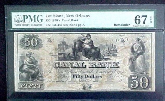 1850's $50 Note Canal Bank - New Orleans PMG Superb Gem Unc 67