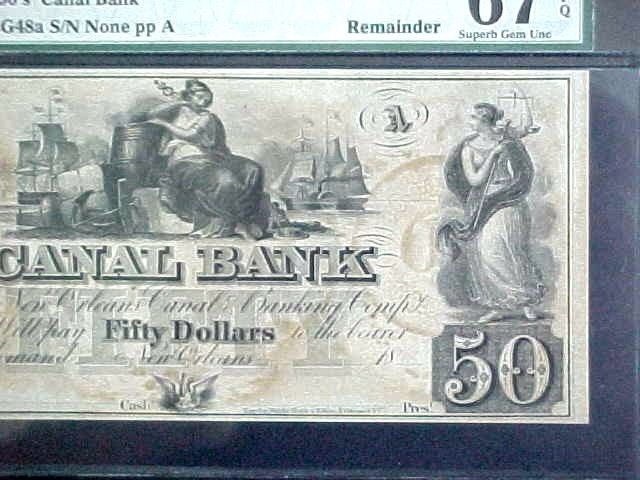 1850's $50 Note Canal Bank - New Orleans PMG Superb Gem Unc 67