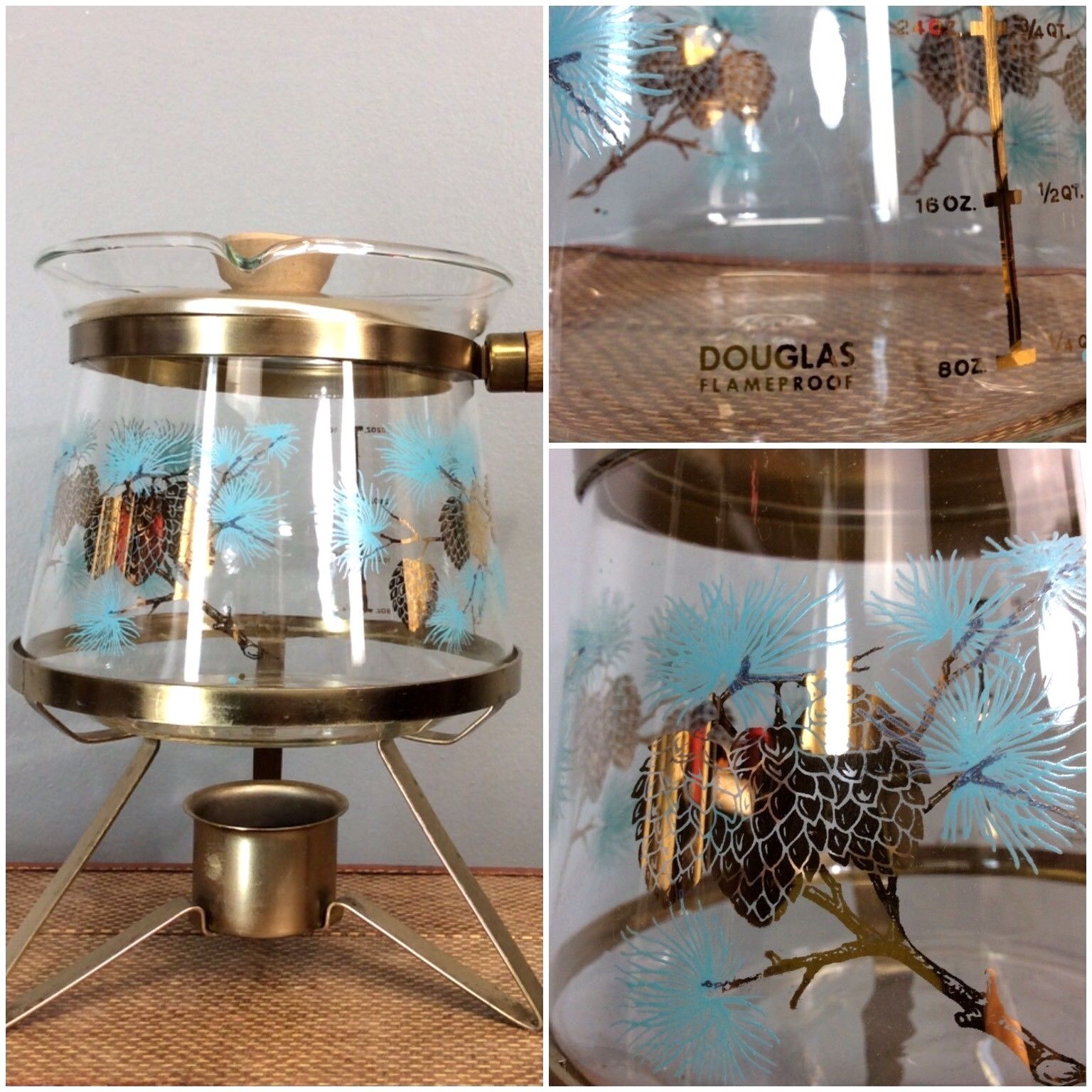 Vtg 50s 60s Unused Douglas Glass Carafe Pot Warmer 1 QT Pinecone Turquoise Gold