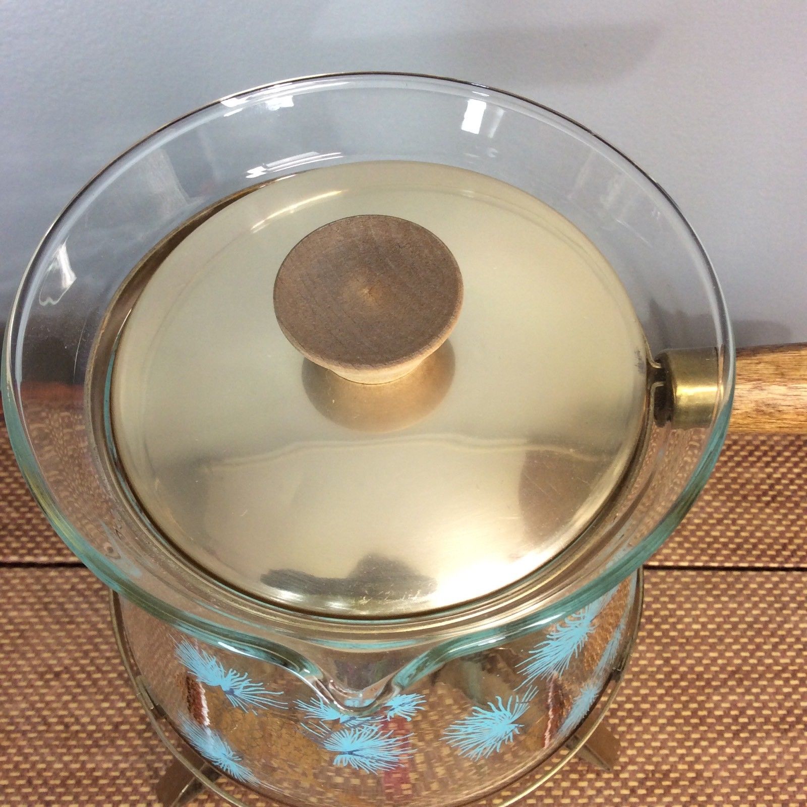 Vtg 50s 60s Unused Douglas Glass Carafe Pot Warmer 1 QT Pinecone Turquoise Gold