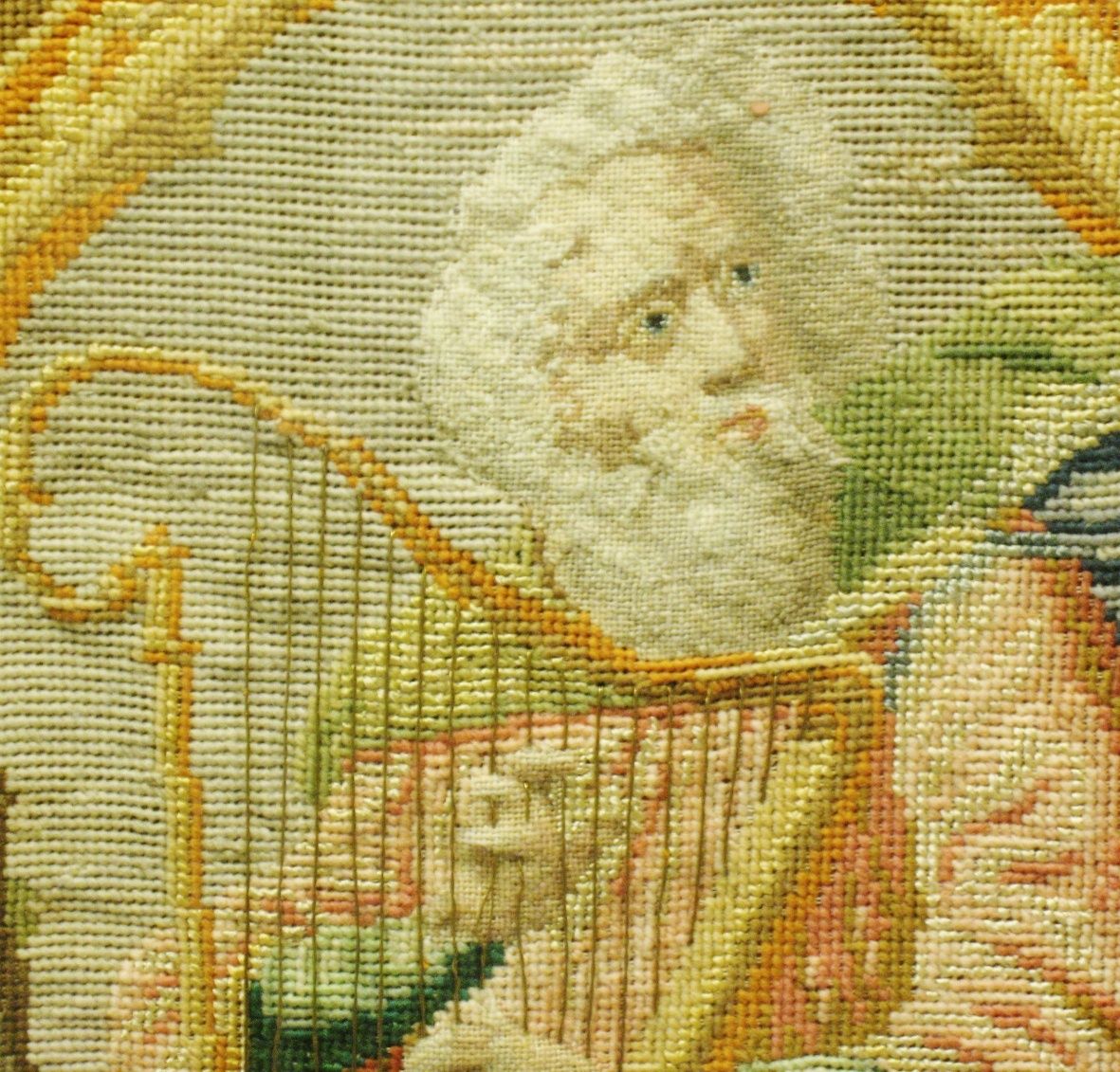 Antique & Large Christian Needlepoint of Saint w/ Harp  c. 1867  textile