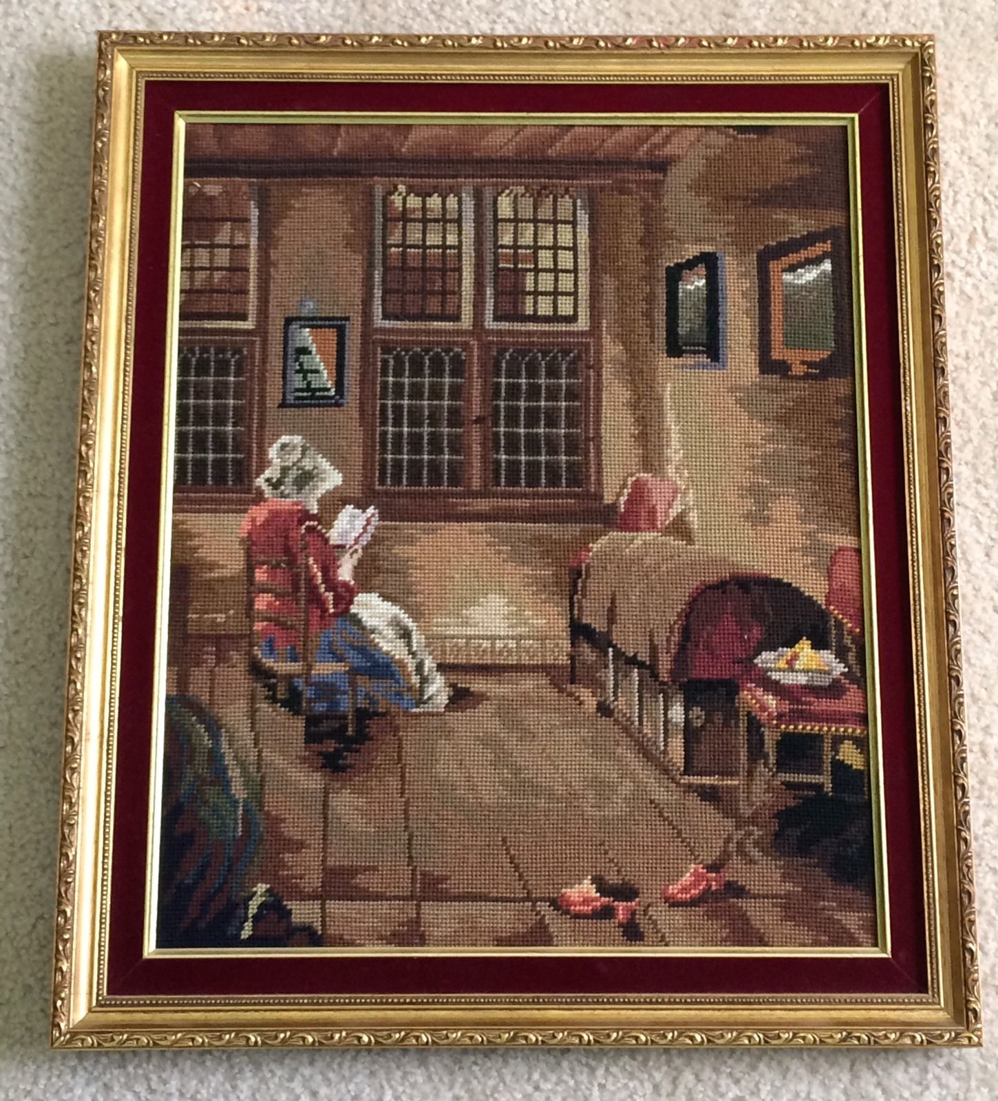 Antique American "Homestead"  Needlepoint Tapestry Deep Red Velvet & Wood Frame