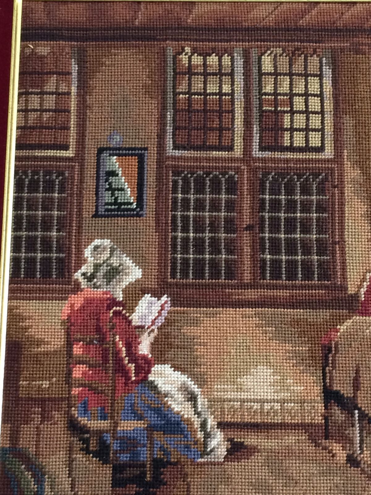 Antique American "Homestead"  Needlepoint Tapestry Deep Red Velvet & Wood Frame