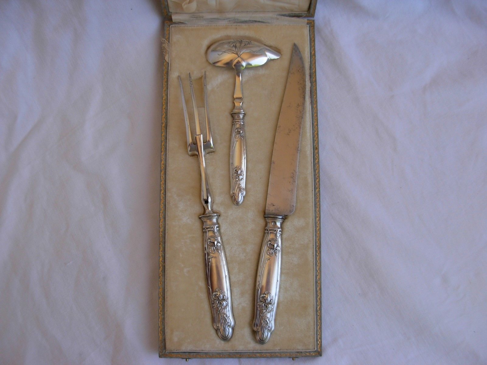 ANTIQUE FRENCH STERLING SILVER CARVING SET,3 PIECES,IRIS PATTERN,ART NOUVEAU.