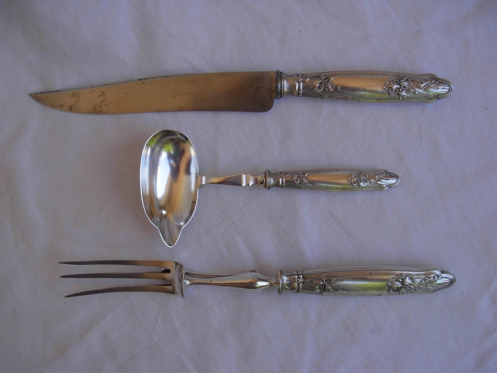 ANTIQUE FRENCH STERLING SILVER CARVING SET,3 PIECES,IRIS PATTERN,ART NOUVEAU.