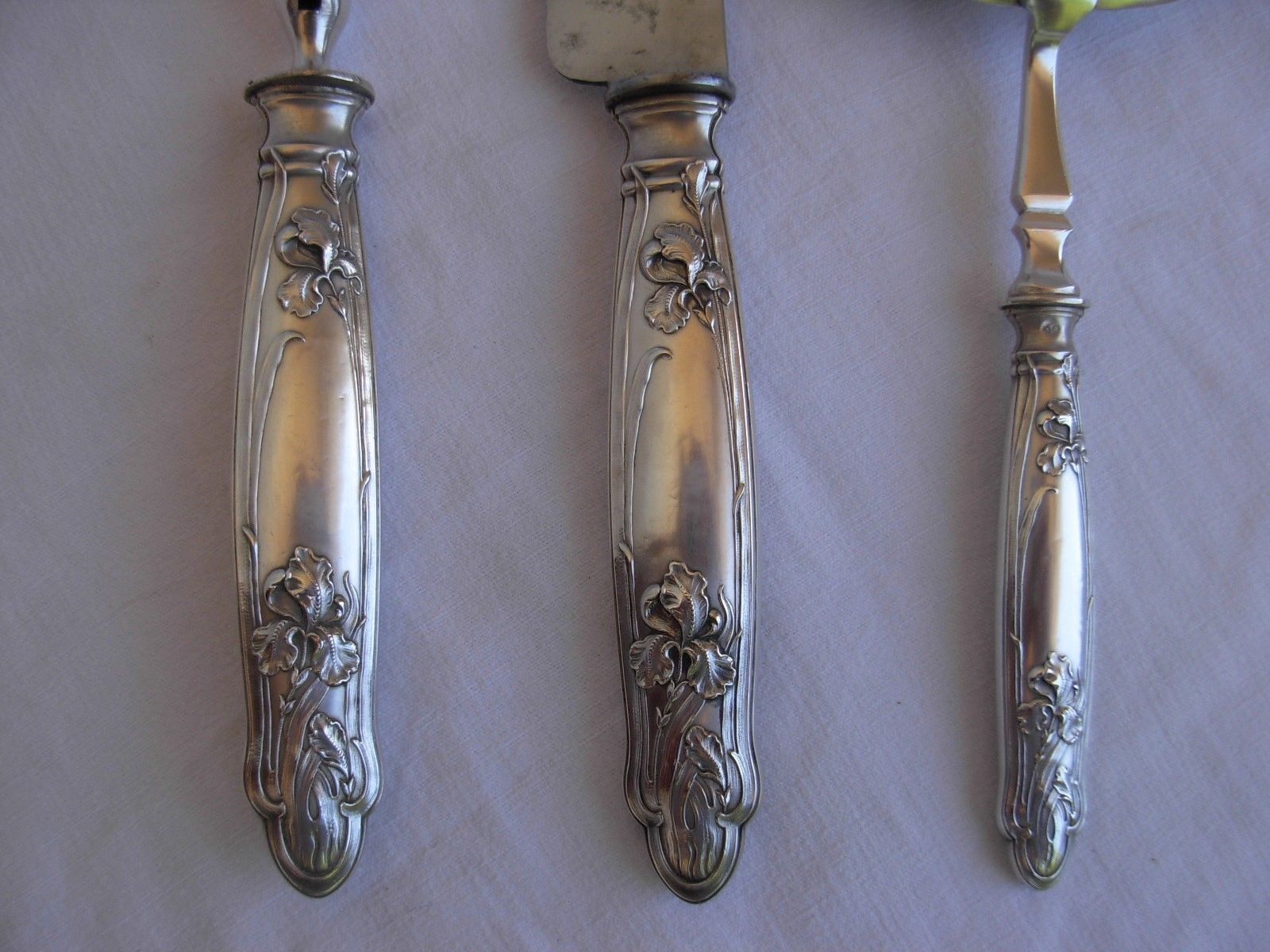 ANTIQUE FRENCH STERLING SILVER CARVING SET,3 PIECES,IRIS PATTERN,ART NOUVEAU.