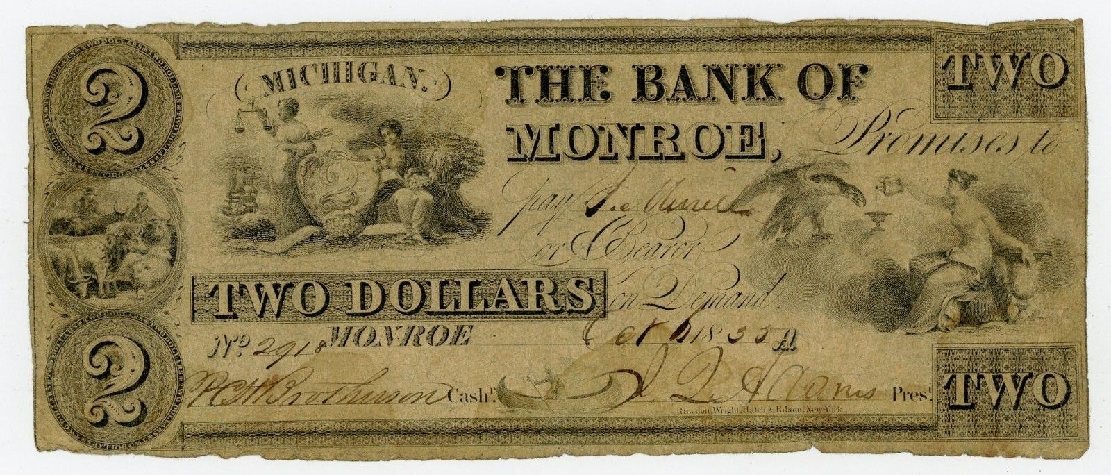 1855 $2 The Bank of Monroe, MICHIGAN Note