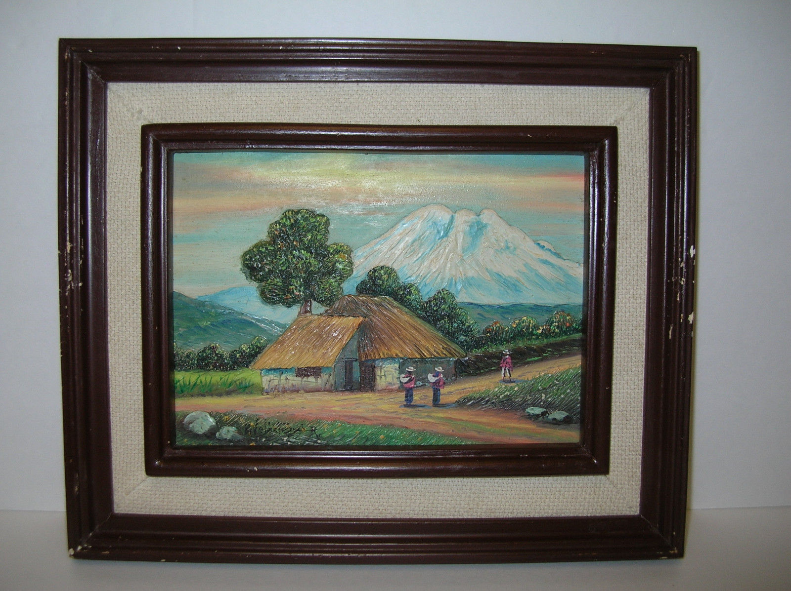 CHIMBORAZO  VOLCANO  VTG  FOLK ART  LOW  BAS-RELIEF  CARVED  WOOD  3-D PAINTING