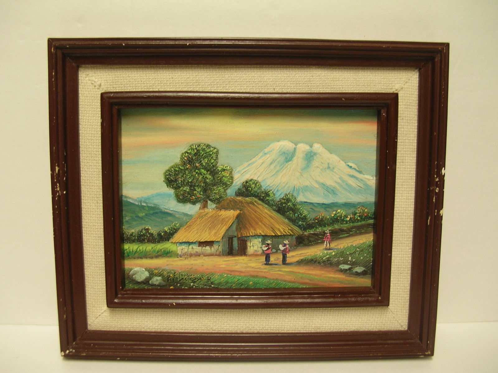 CHIMBORAZO  VOLCANO  VTG  FOLK ART  LOW  BAS-RELIEF  CARVED  WOOD  3-D PAINTING