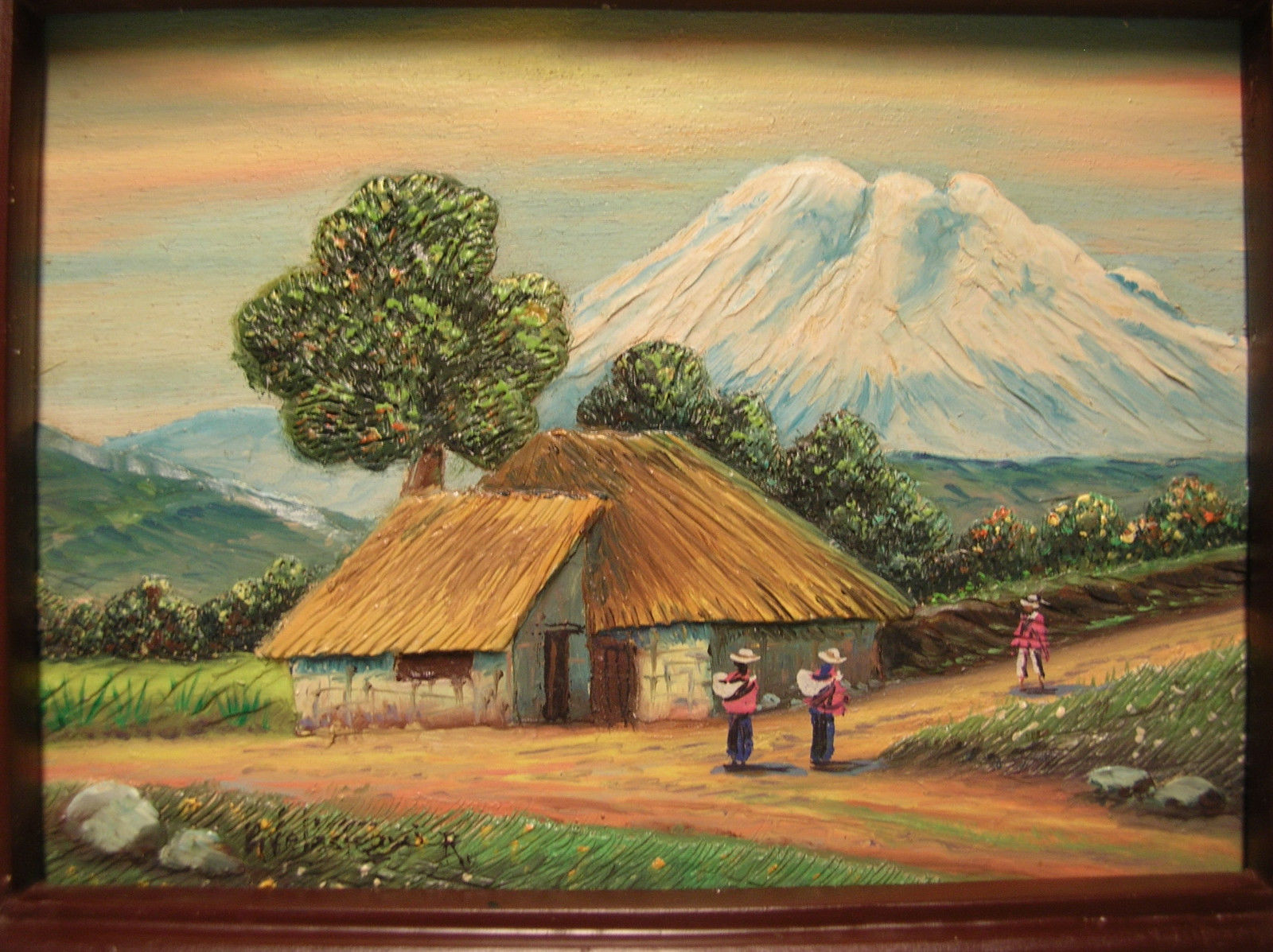 CHIMBORAZO  VOLCANO  VTG  FOLK ART  LOW  BAS-RELIEF  CARVED  WOOD  3-D PAINTING