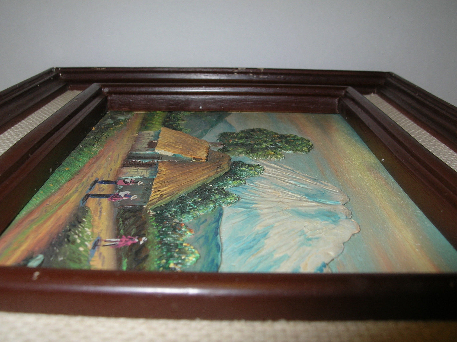 CHIMBORAZO  VOLCANO  VTG  FOLK ART  LOW  BAS-RELIEF  CARVED  WOOD  3-D PAINTING