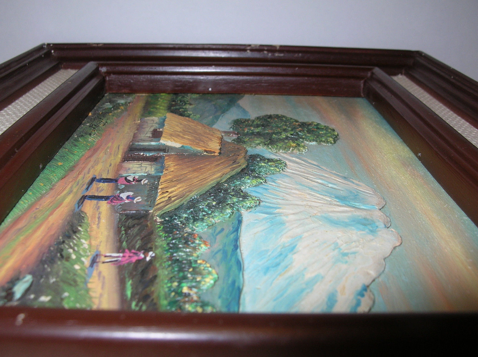 CHIMBORAZO  VOLCANO  VTG  FOLK ART  LOW  BAS-RELIEF  CARVED  WOOD  3-D PAINTING