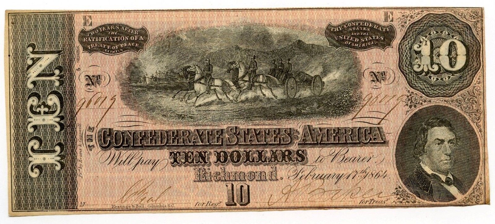 1864 $10 Confederate States of America Currency Note - Richmond - AJ634