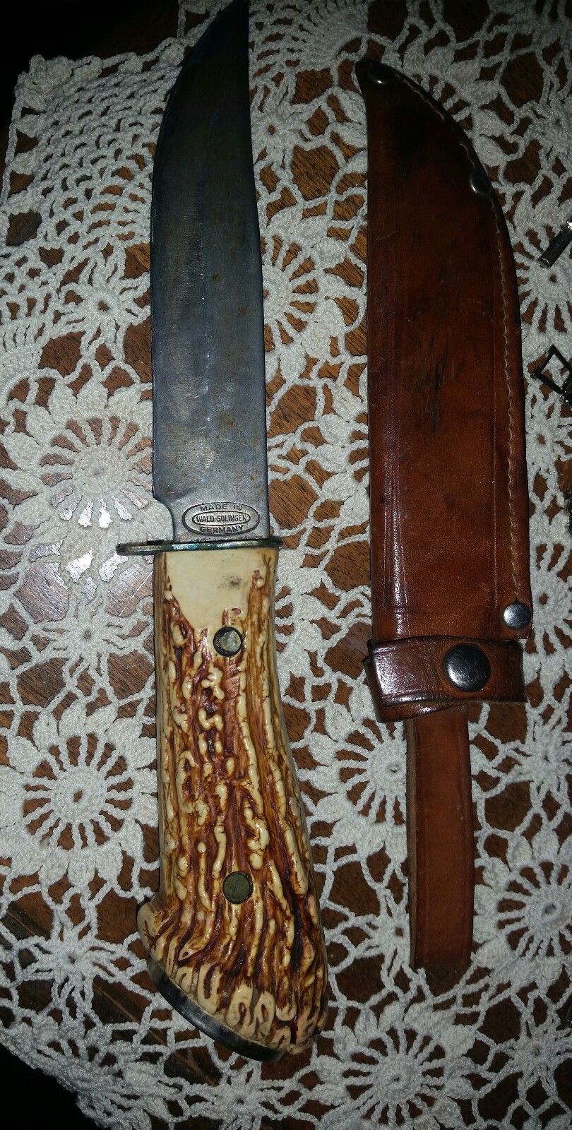 Vintage Wald-Solingen Germany Fixed Blade Hunting Knife with Sheath Faux Horn