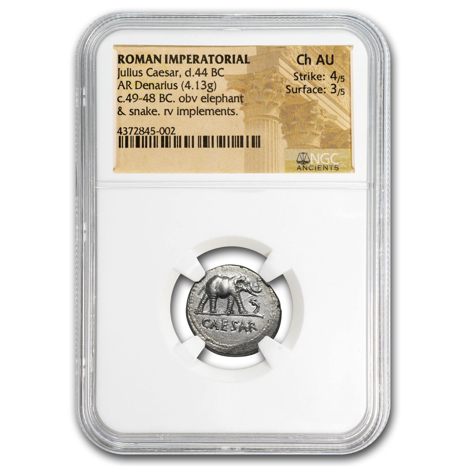 Roman Imperatorial Denarius Julius Caesar Elephant (44 BC) AU NGC