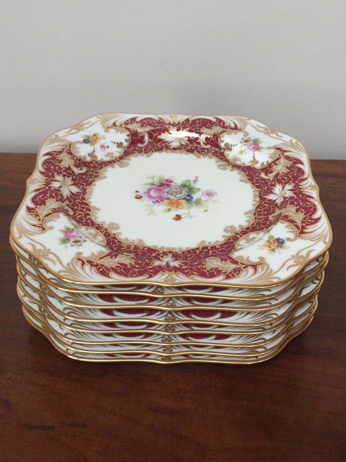 Set of 8 Noritake 8 ¼” SQUARE RED FLORAL Hand Painted Salad Luncheon Plates