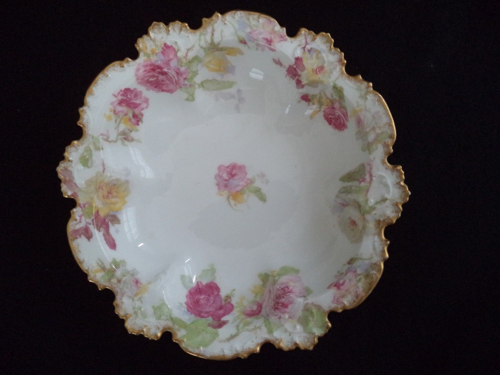 French Haviland GDA china round vegetable serving bowl 9.5in  pink yellow roses