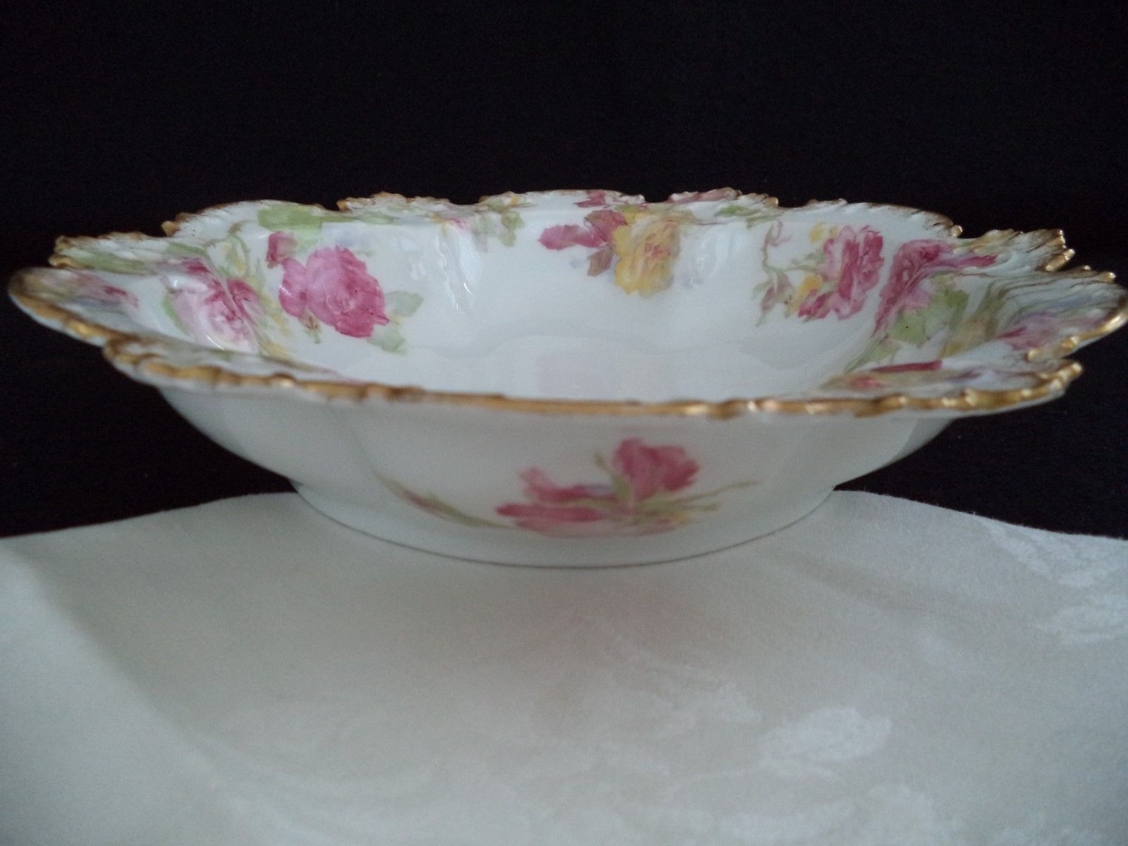 French Haviland GDA china round vegetable serving bowl 9.5in  pink yellow roses