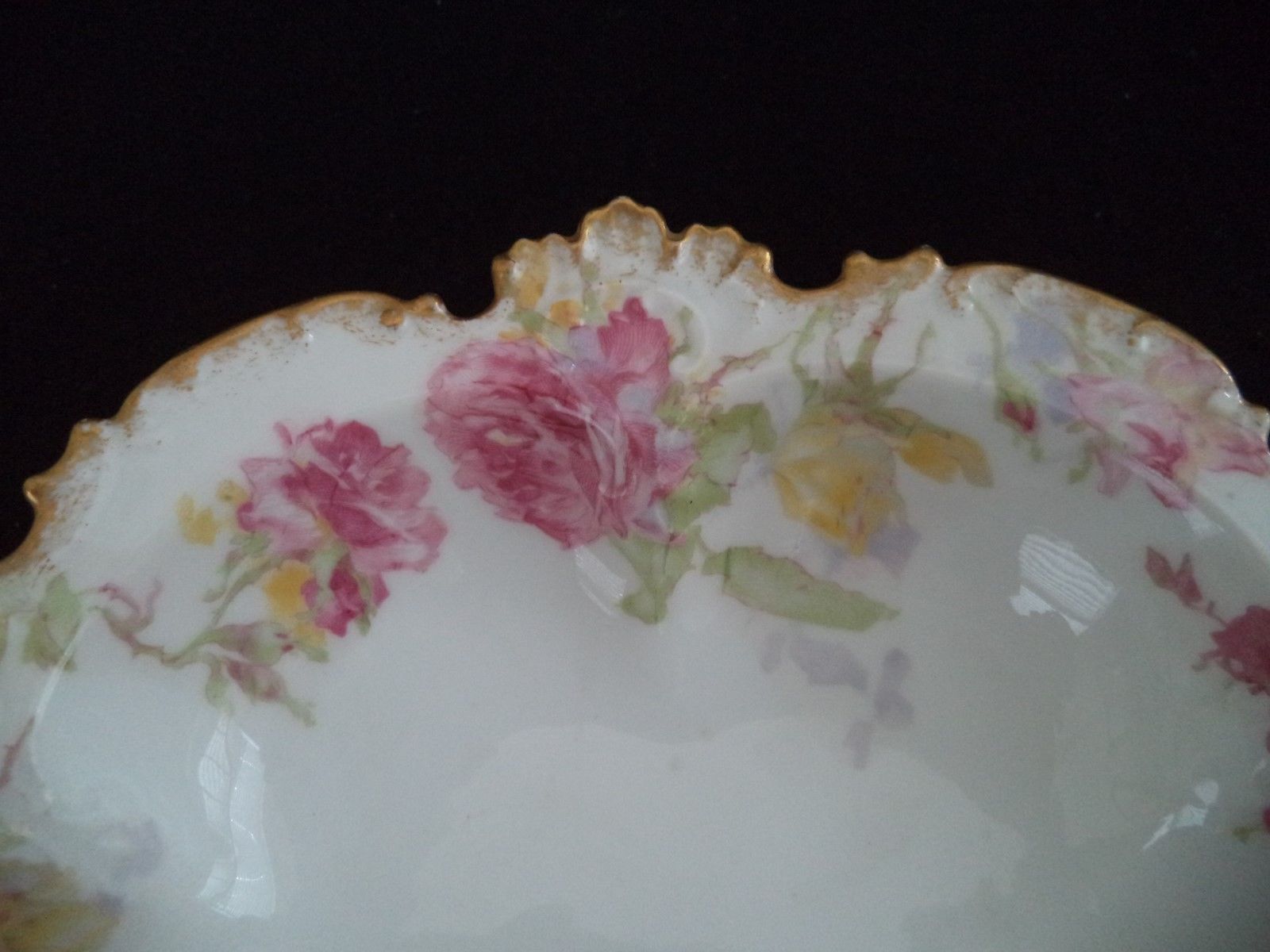 French Haviland GDA china round vegetable serving bowl 9.5in  pink yellow roses