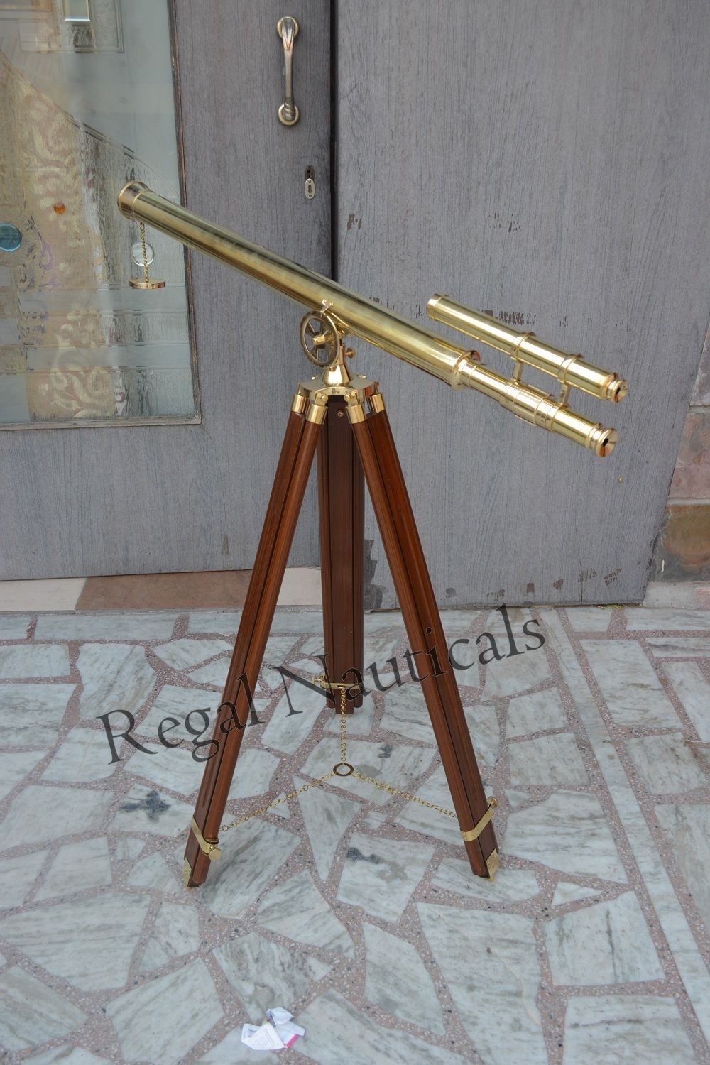Nautical-Brass-Telescope-Marine-Navy-Double-Barrel-With-Wooden-Tripod-Stand