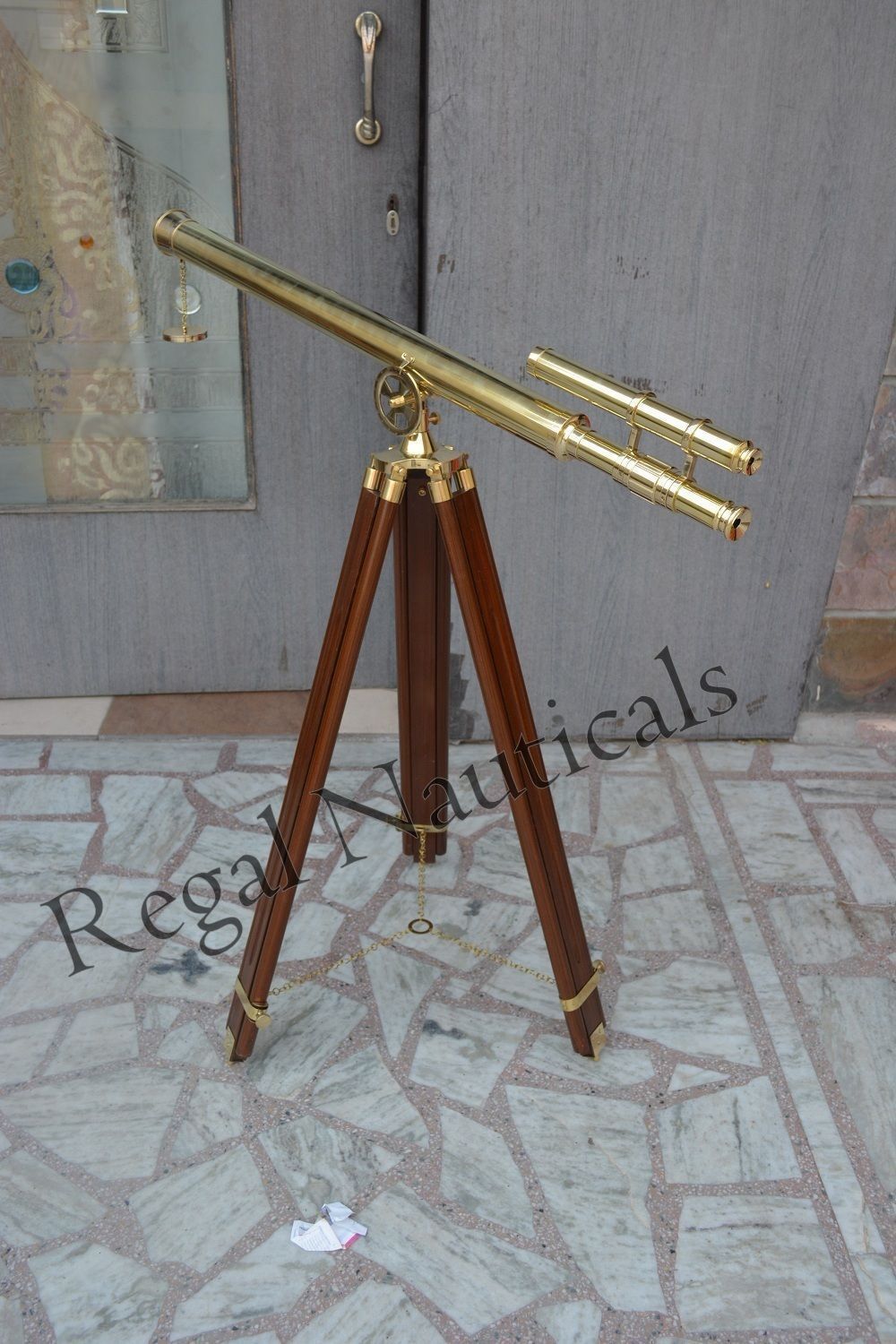 Nautical-Brass-Telescope-Marine-Navy-Double-Barrel-With-Wooden-Tripod-Stand