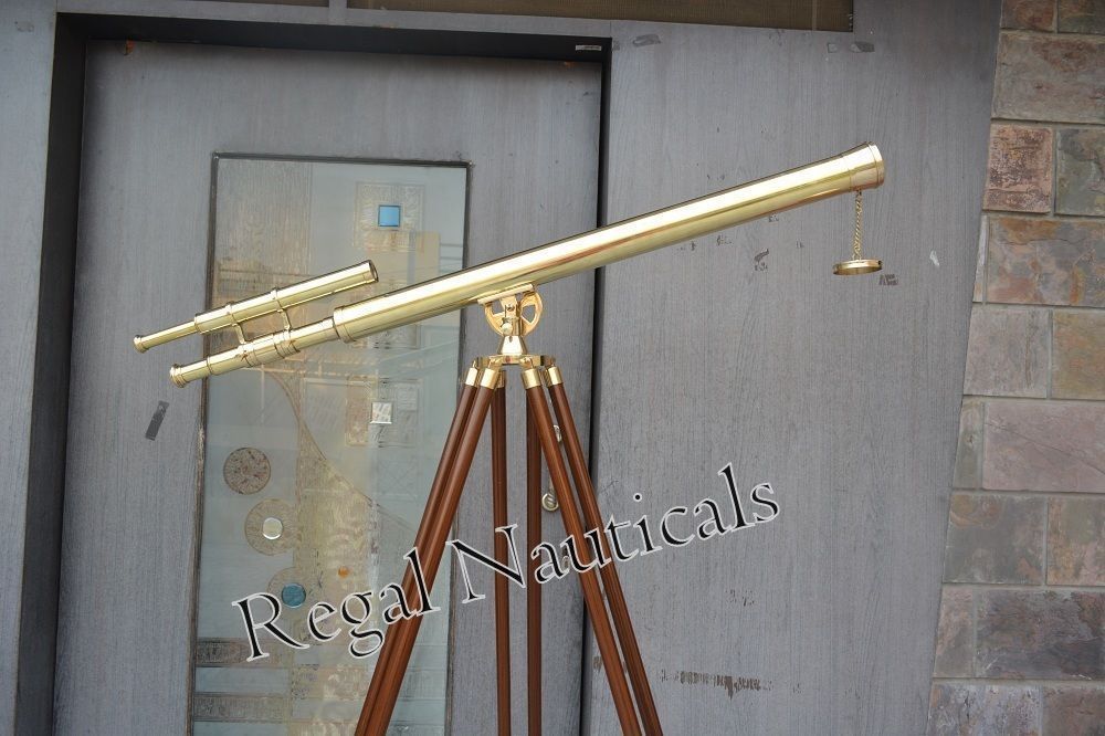 Nautical-Brass-Telescope-Marine-Navy-Double-Barrel-With-Wooden-Tripod-Stand