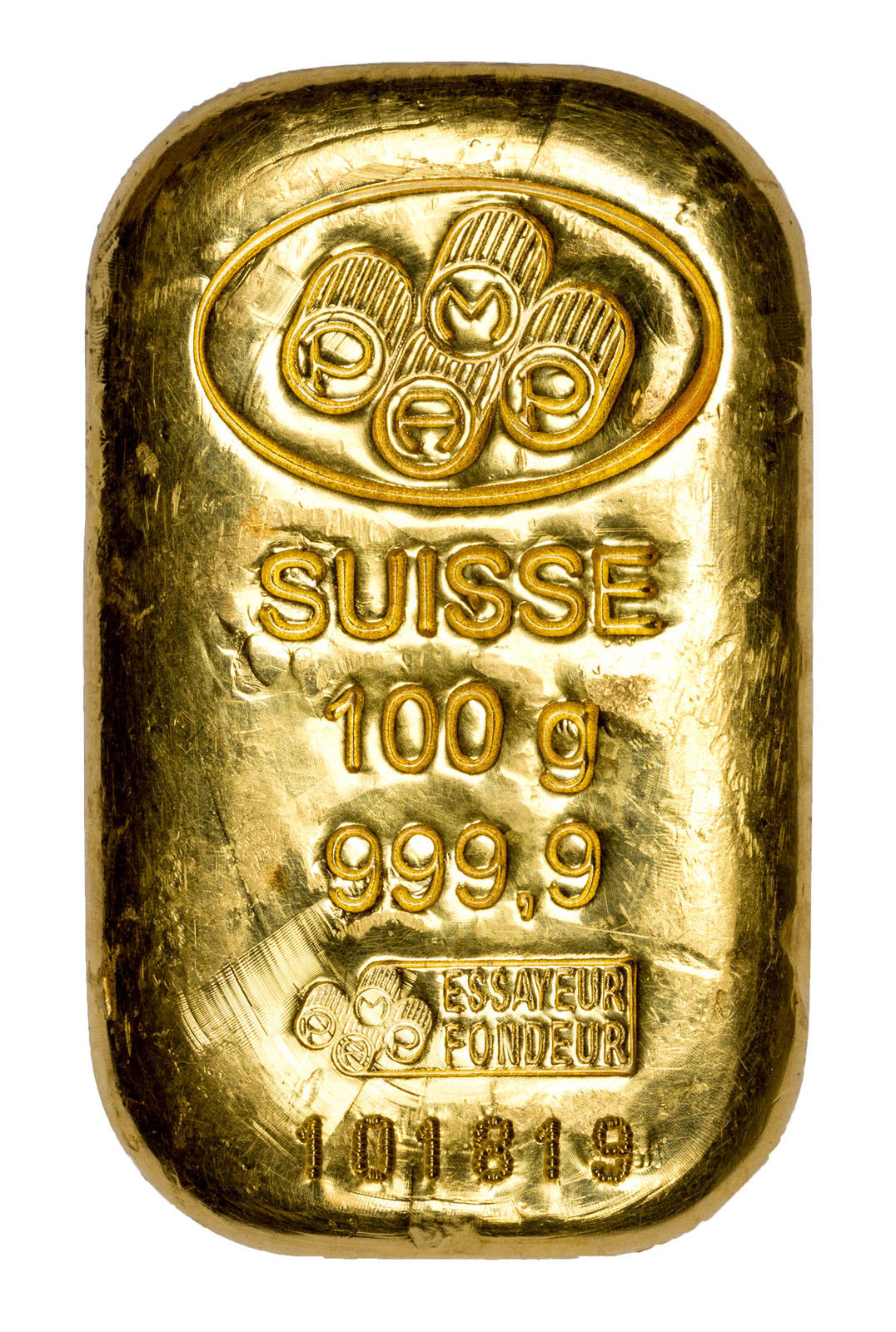 PAMP Poured Logo 100 g (3.215 oz) .9999 Fine Gold Bar With Assay Card SKU48122
