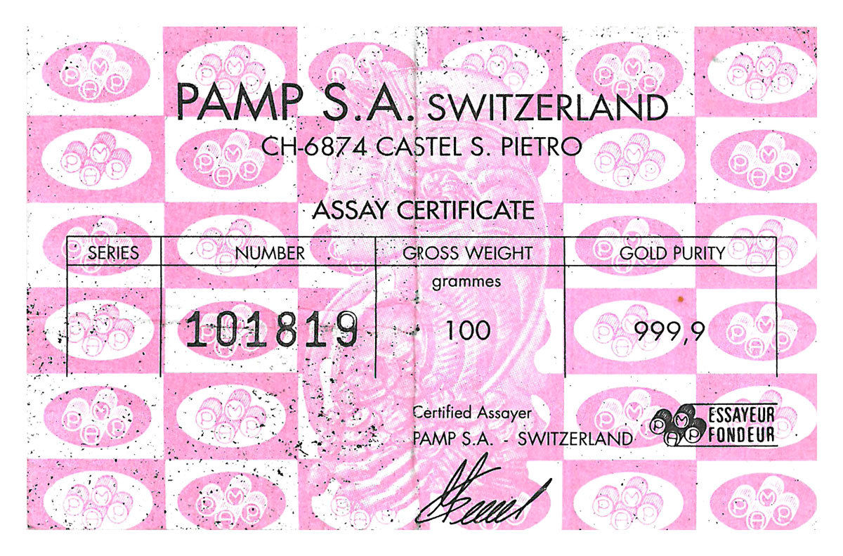 PAMP Poured Logo 100 g (3.215 oz) .9999 Fine Gold Bar With Assay Card SKU48122