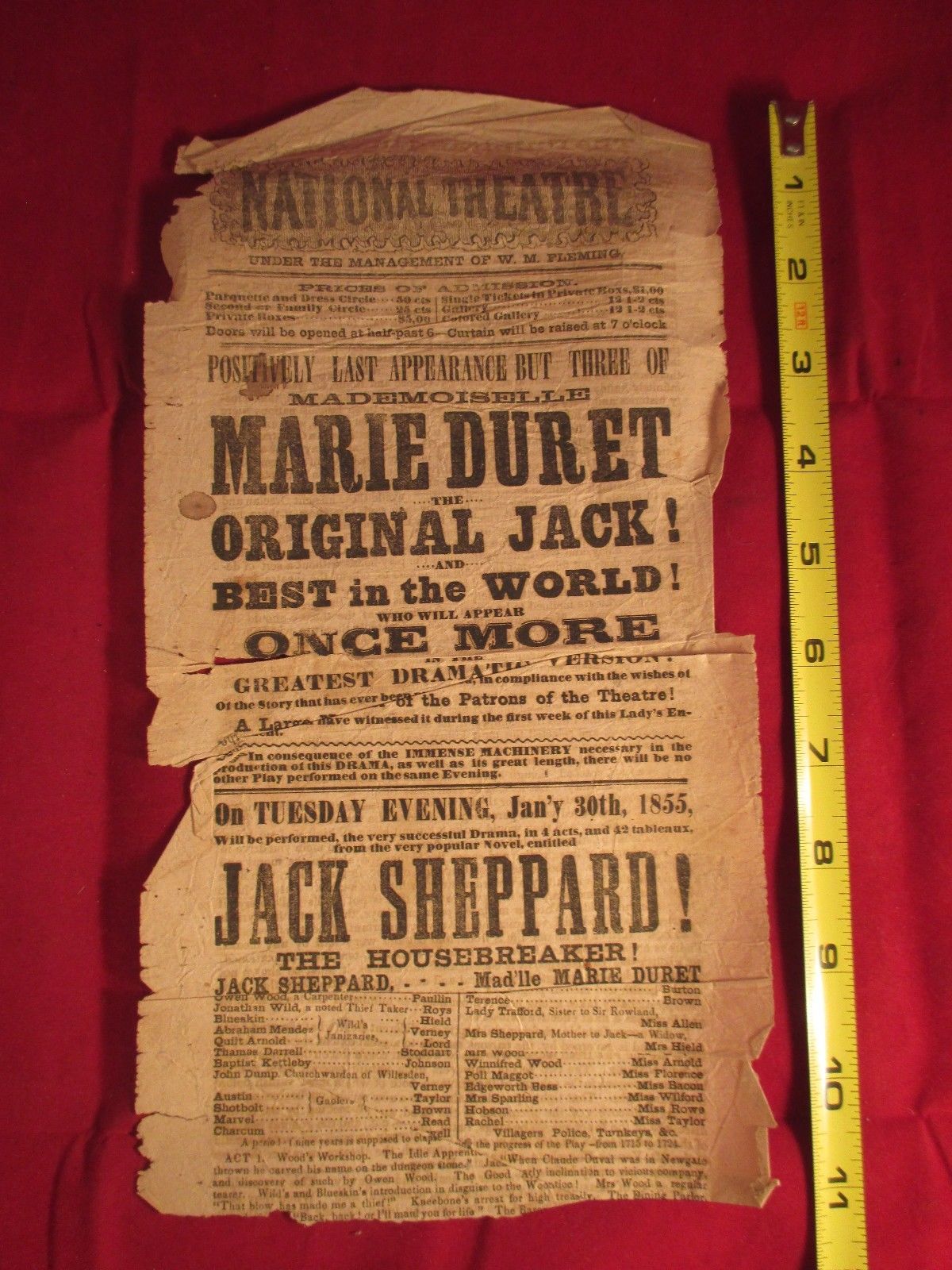 1855 NATIONAL THEATRE PLAYBILL ADVERTISING MARIE DURET IN BABYFACE JACK SHEPPARD