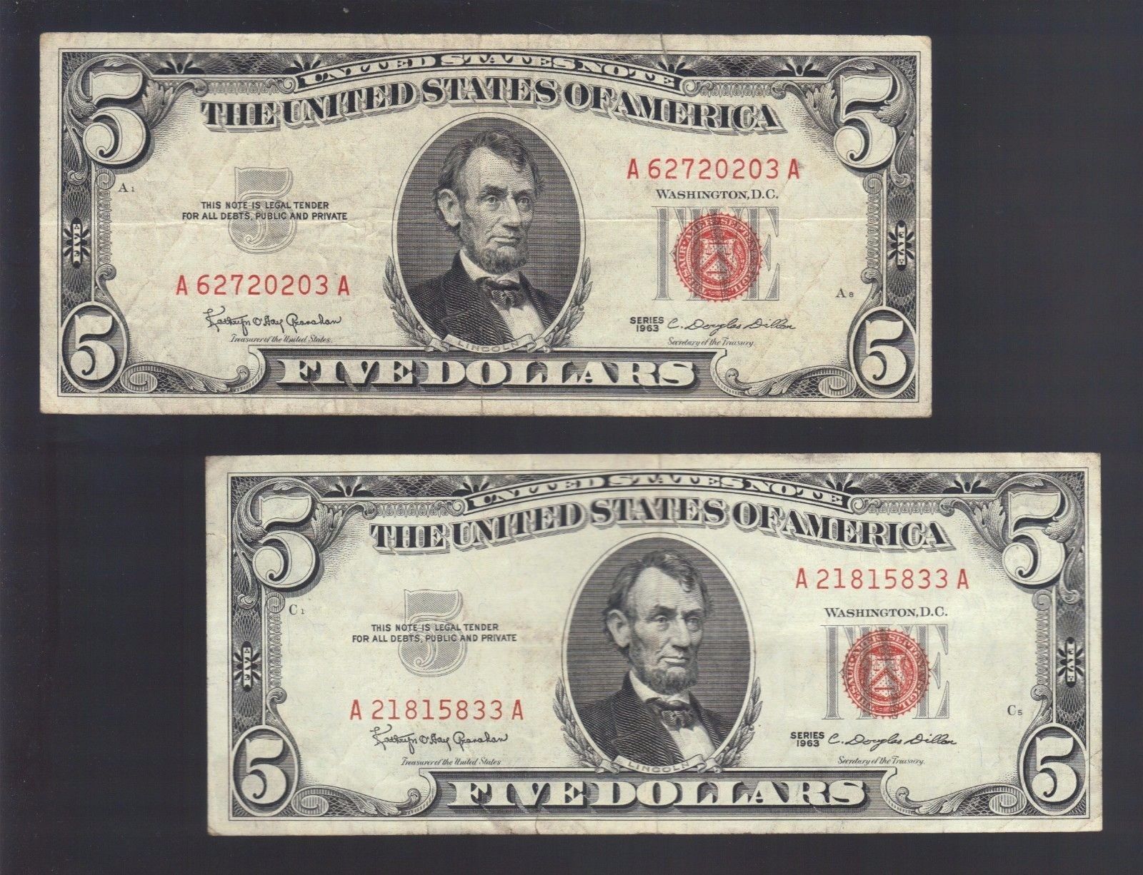 Old Vintage 1963 $5 Five Dollar Bill US Red Seal United States Legal Tender Note