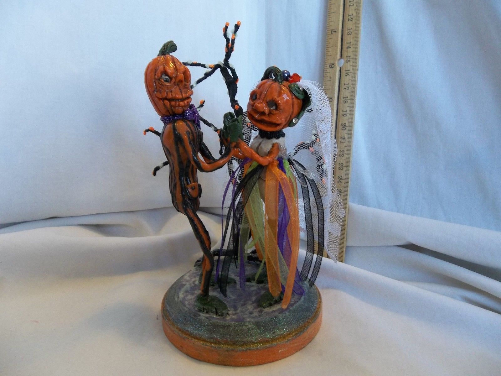 OOAK Sculpt Vintage Halloween Pumpkin Veggie People Wedding Bride Groom Display