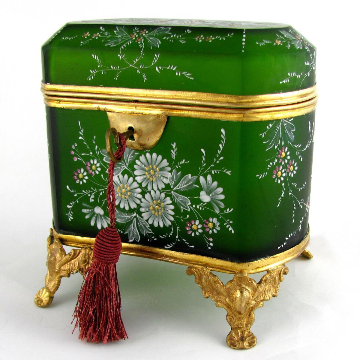 Antique French Hand Painted Enamel Cut Glass Gilt Ormolu Jewelry Casket Box