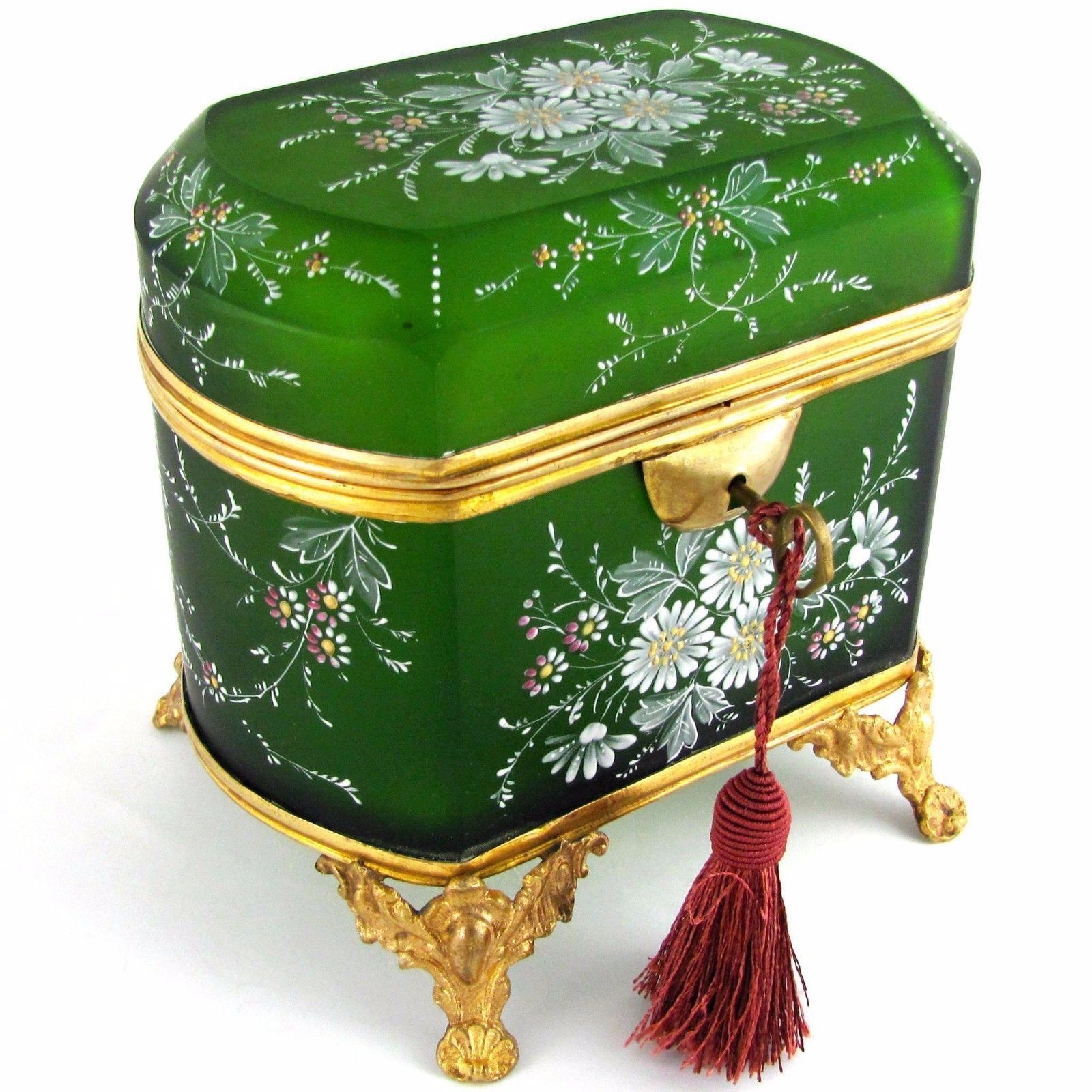 Antique French Hand Painted Enamel Cut Glass Gilt Ormolu Jewelry Casket Box