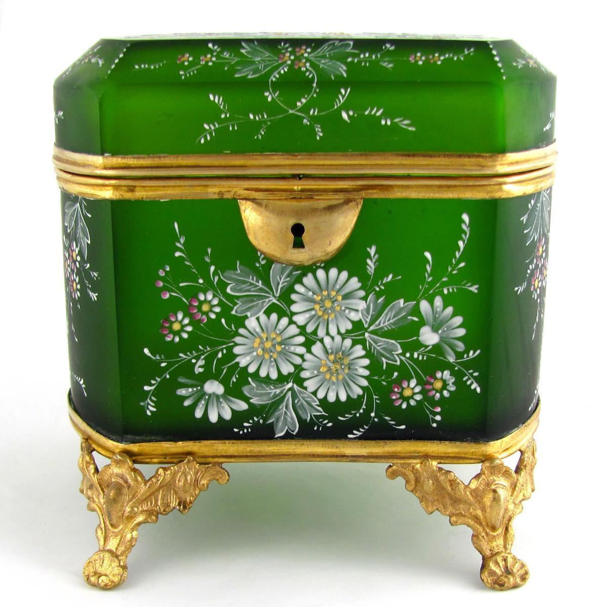 Antique French Hand Painted Enamel Cut Glass Gilt Ormolu Jewelry Casket Box