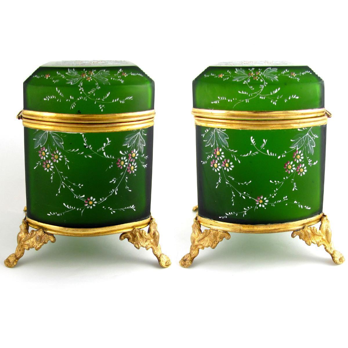 Antique French Hand Painted Enamel Cut Glass Gilt Ormolu Jewelry Casket Box