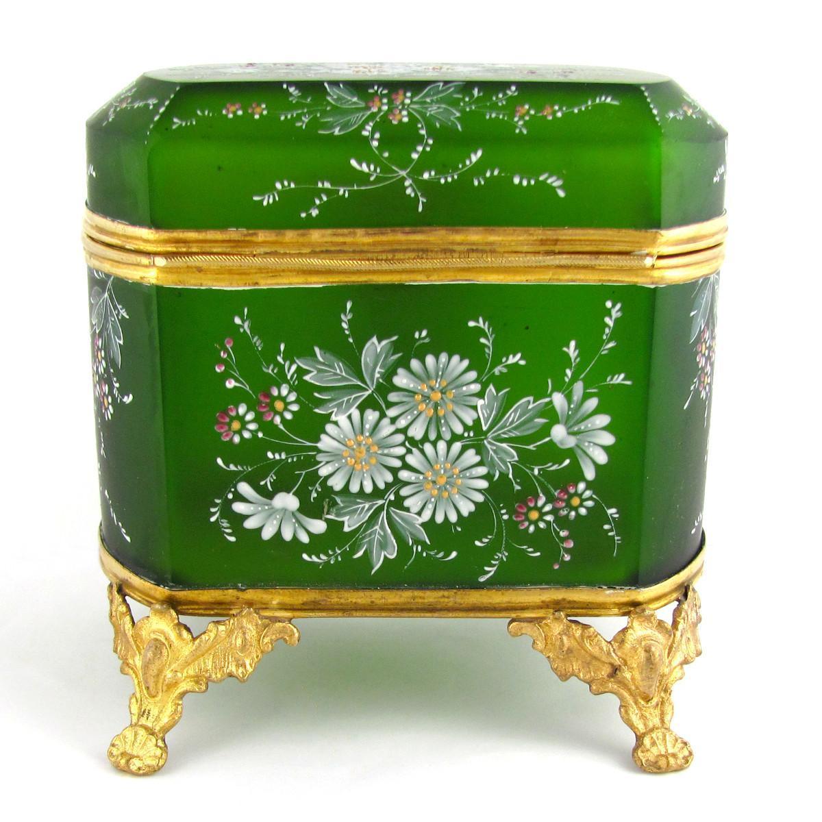 Antique French Hand Painted Enamel Cut Glass Gilt Ormolu Jewelry Casket Box