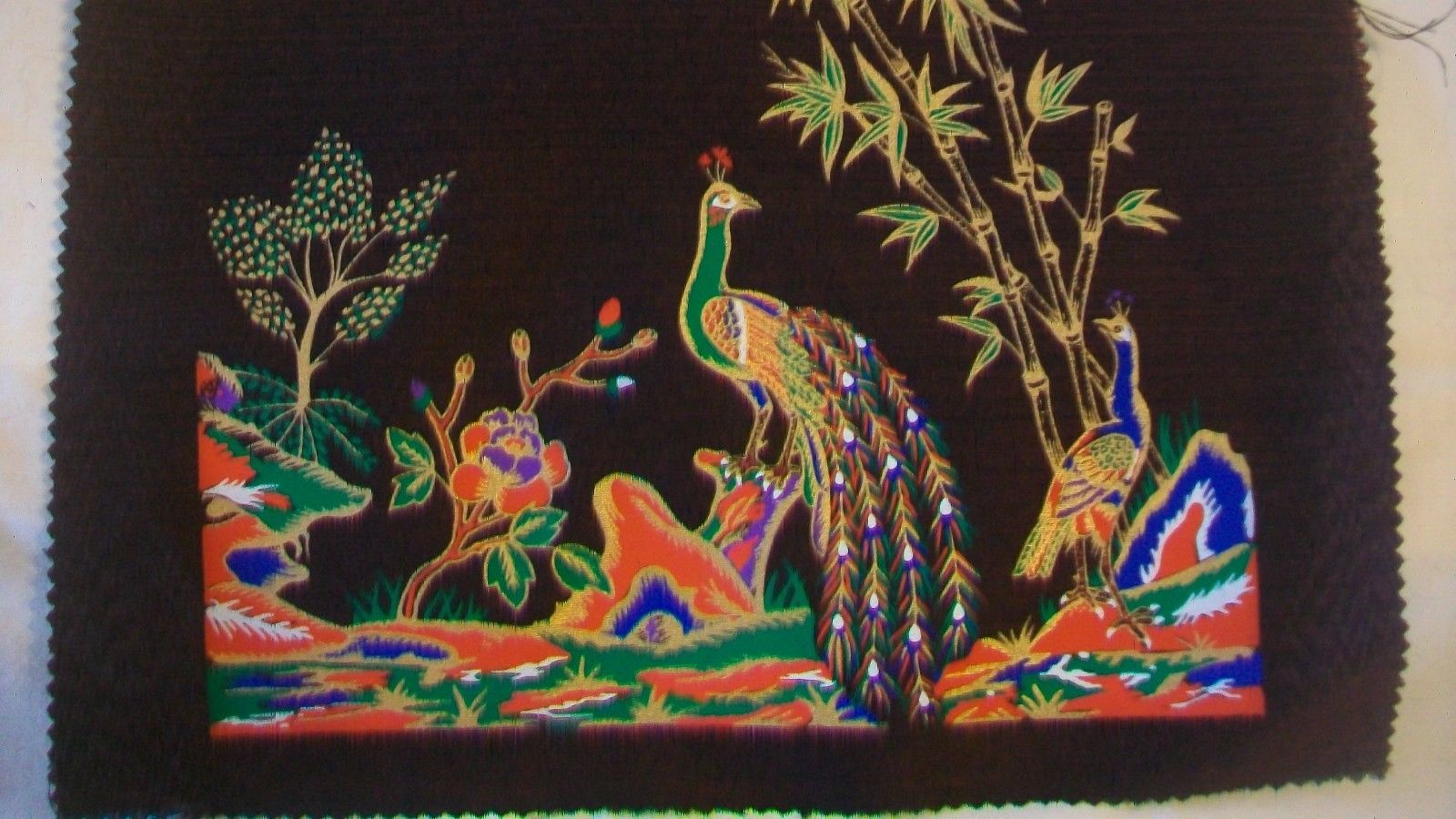 Oriental Asian Fabric Painting Thai Asian Two Peacocks by Bamboo Tree