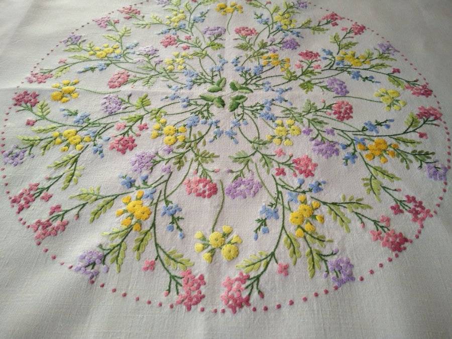 Exquisite Meadow Flowers ~ Vintage Raised Hand Embroidered Tablecloth 49" sq
