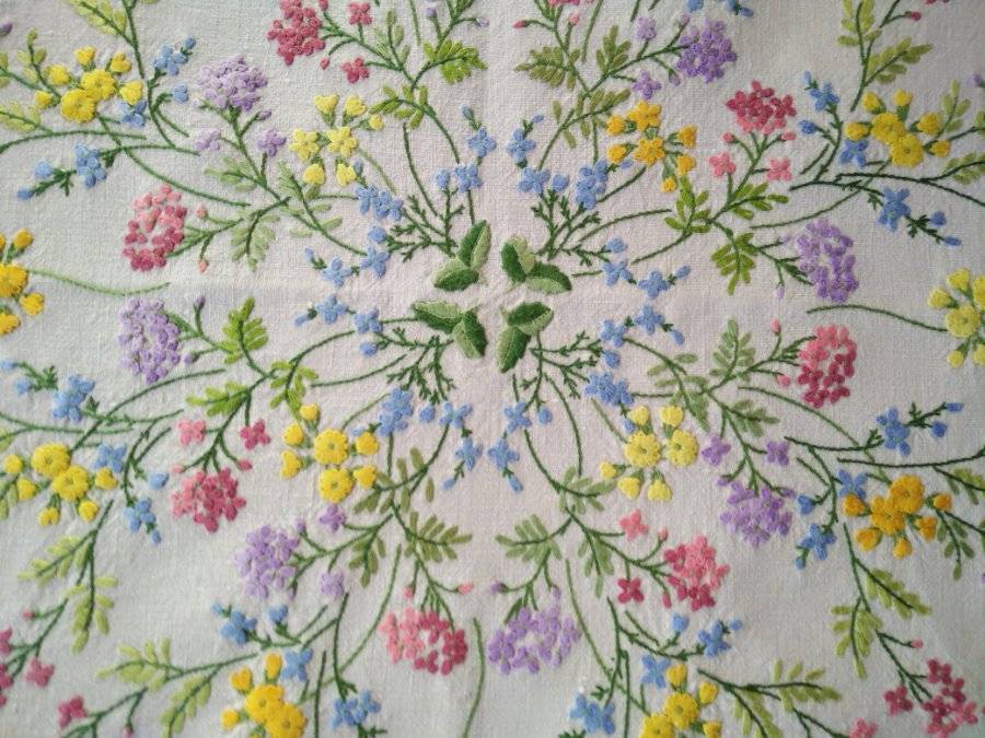 Exquisite Meadow Flowers ~ Vintage Raised Hand Embroidered Tablecloth 49" sq