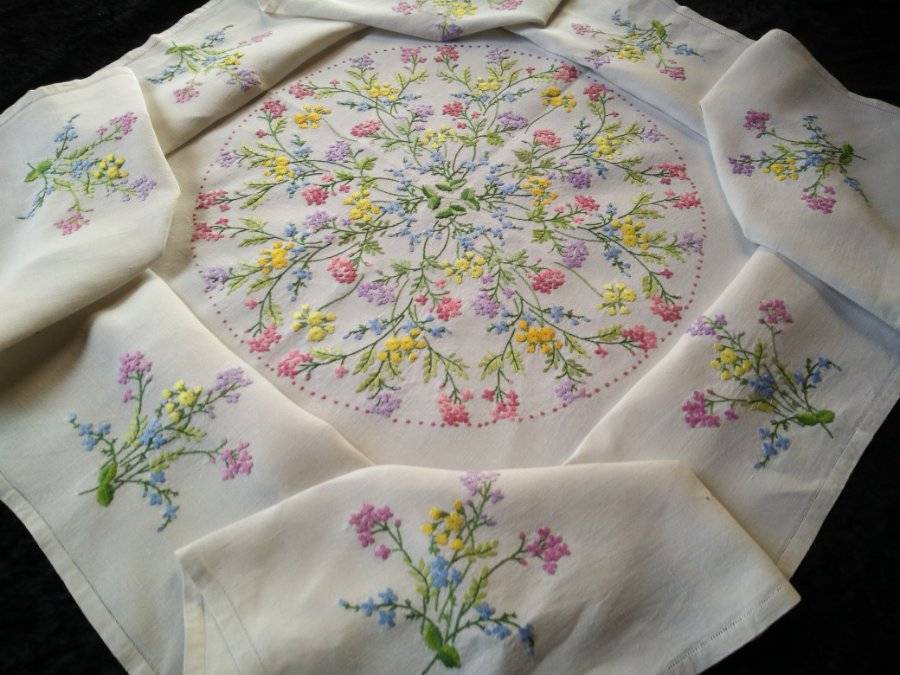 Exquisite Meadow Flowers ~ Vintage Raised Hand Embroidered Tablecloth 49" sq