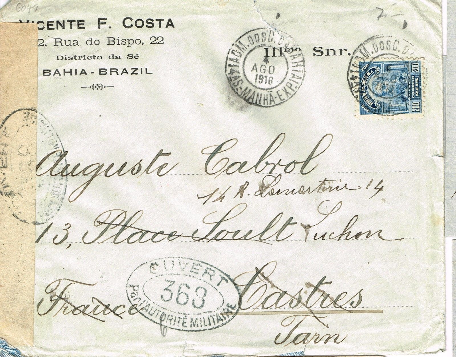 BRASIL 1916 CENSORED COMMERCIAL COVER TO FRANCE, FRNCH CENSORSHIP, REDIRECTED