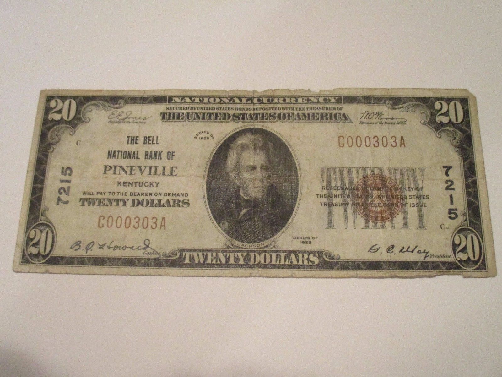 1929 - $20 The Bell National bank of Pineville, Kentucky – Rare