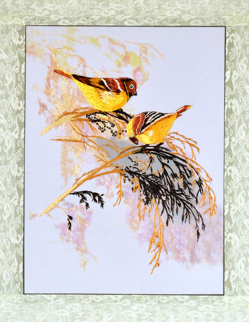 18" BROCADED CHINESE TRADITIONAL SILK EMBROIDERY PAINTING: YELLOW BIRD ON WEED