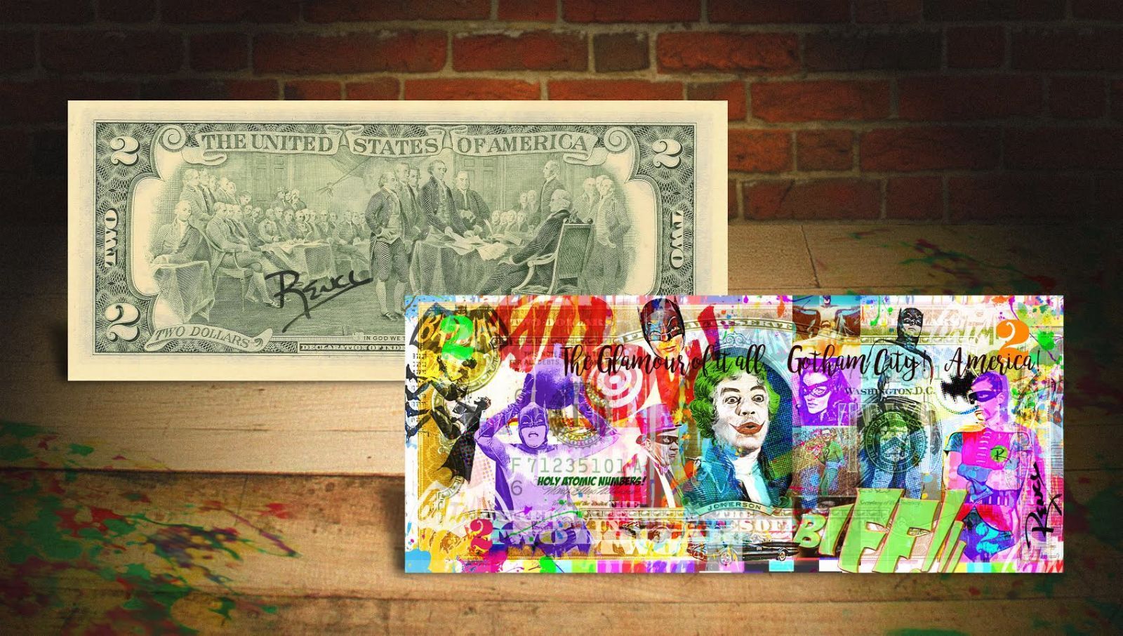 BATMAN GOTHAM CITY Rency / Banksy ART on GENUINE Tender U.S. $2 Bill HAND-SIGNED