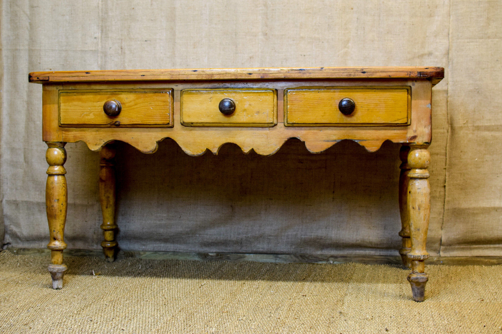 Antique pine scullery or hall table, 3 drawers,turned legs & plank top, rustic