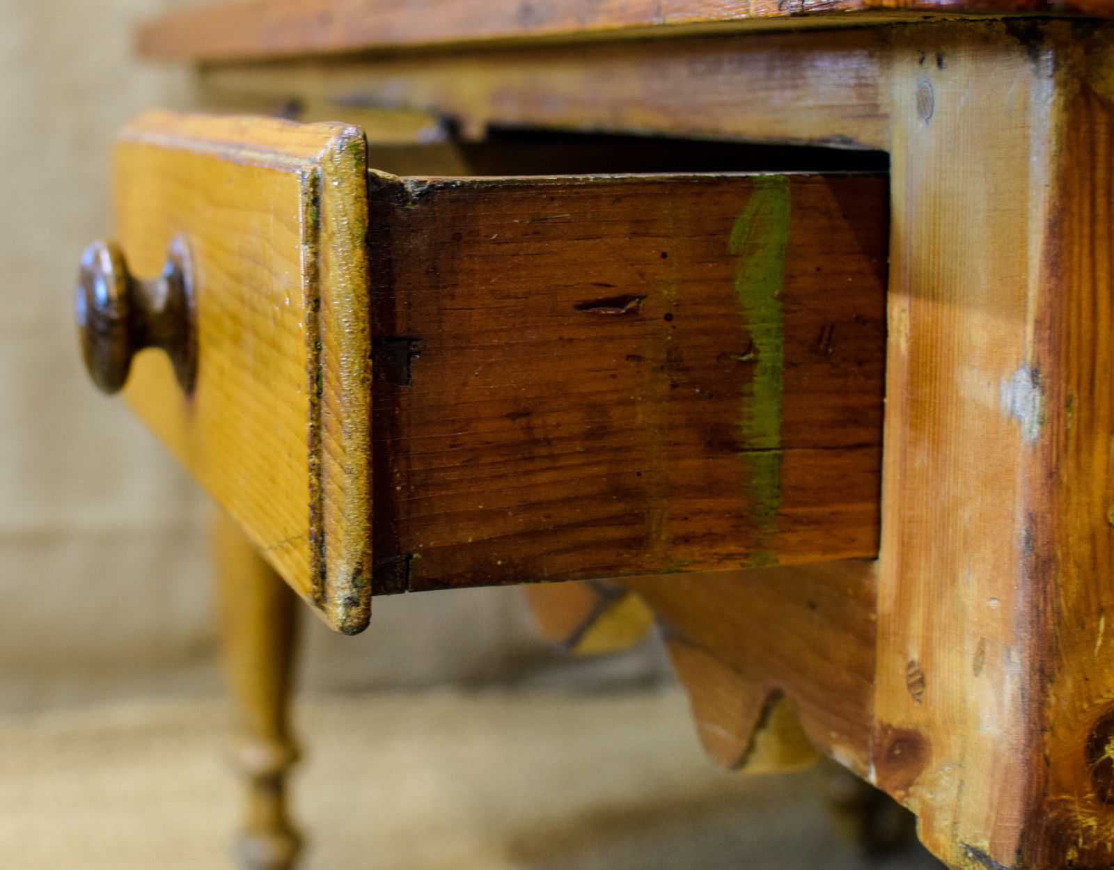 Antique pine scullery or hall table, 3 drawers,turned legs & plank top, rustic