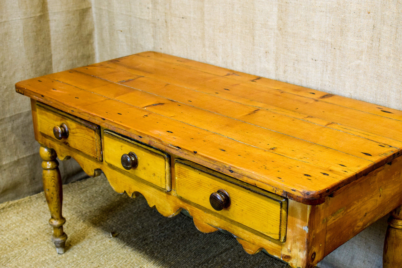 Antique pine scullery or hall table, 3 drawers,turned legs & plank top, rustic