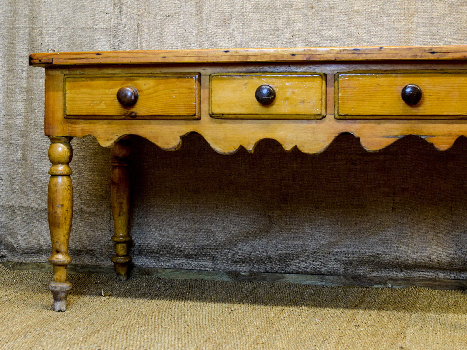 Antique pine scullery or hall table, 3 drawers,turned legs & plank top, rustic