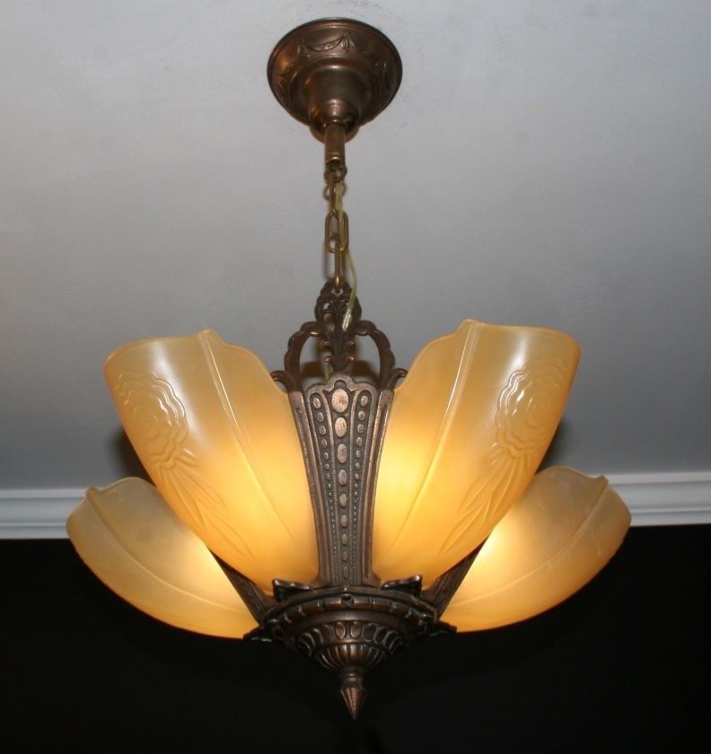 Antique 20s amber glass slip shade Art Deco light fixture ceiling chandelier